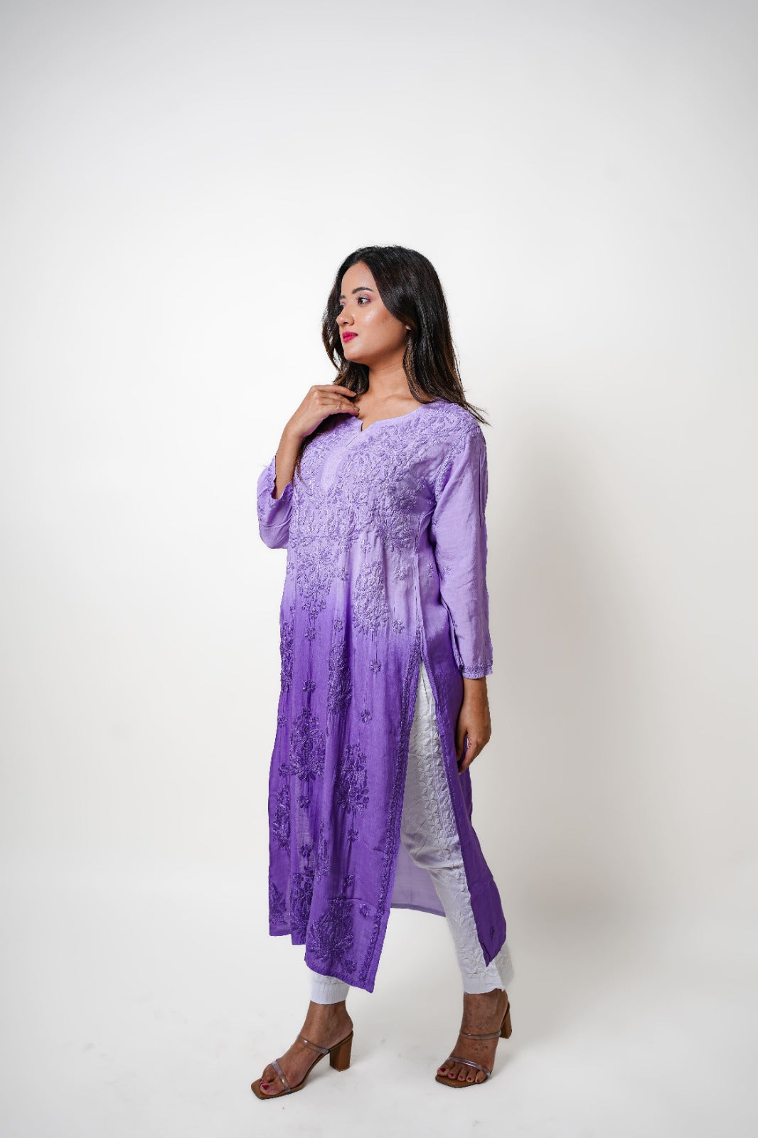 Chikankari hand embroidered | Long Kurta | Muslin Cotton | Lavander