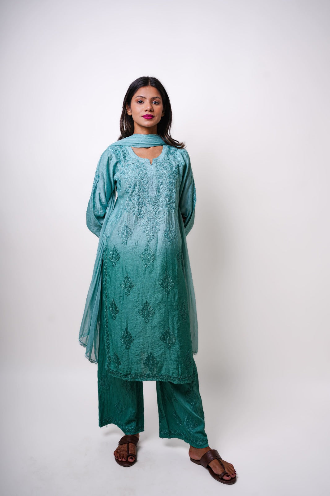 Chikankari hand embroidered | Suit Set| Chanderi | Teal Green