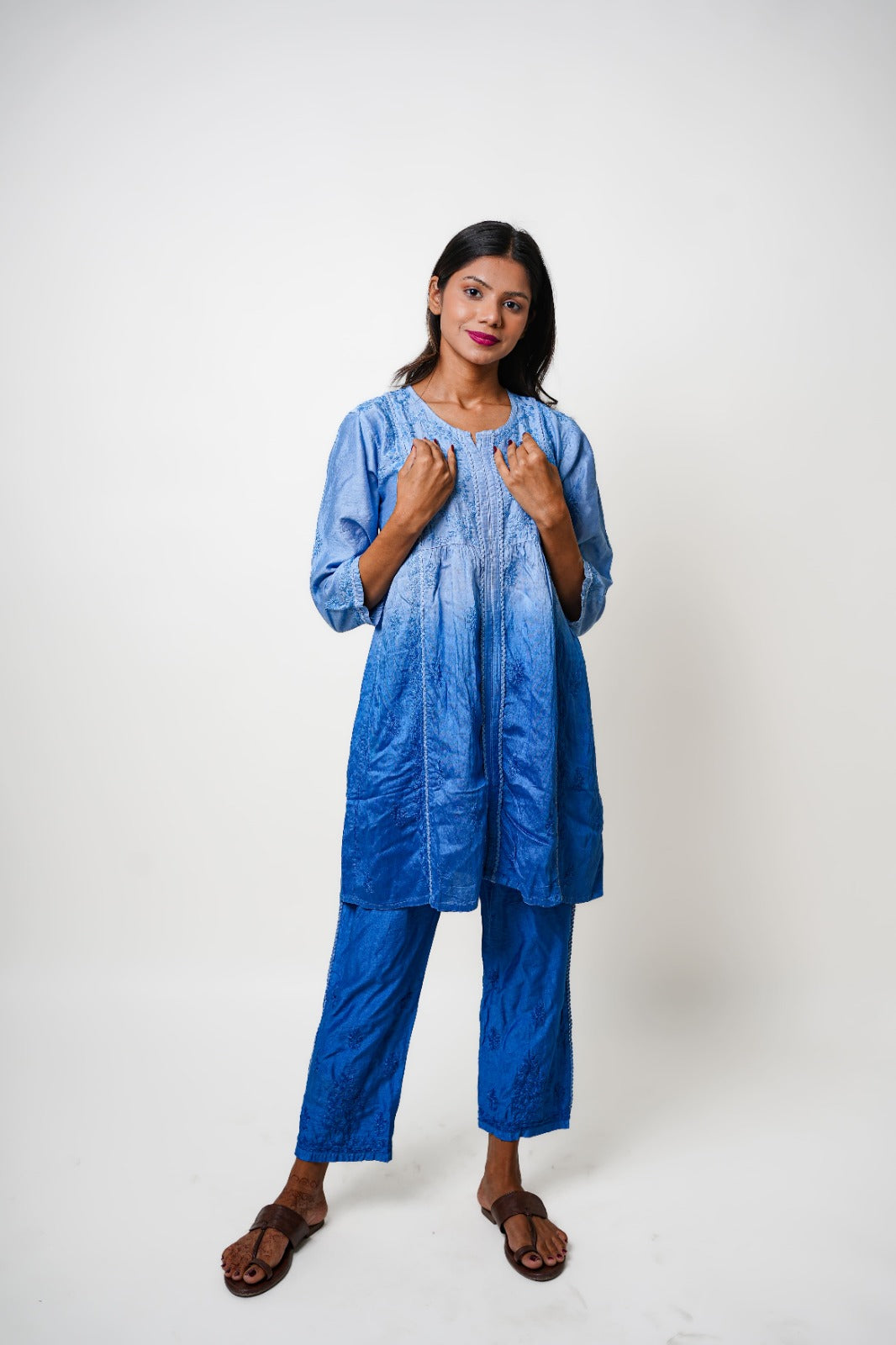 Chikankari hand embroidered | Co-ord set | Chanderi | Blue