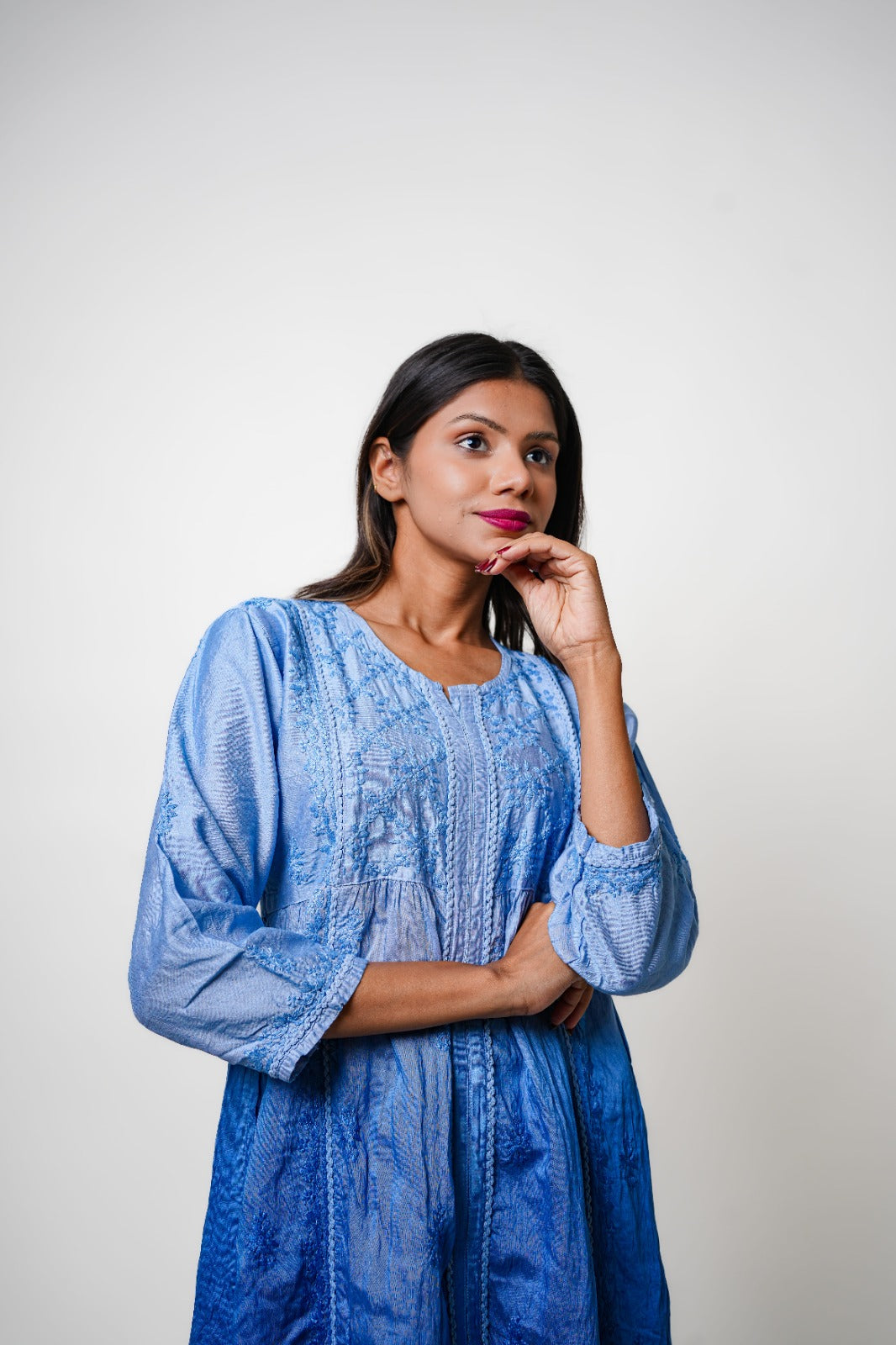 Chikankari hand embroidered | Co-ord set | Chanderi | Blue