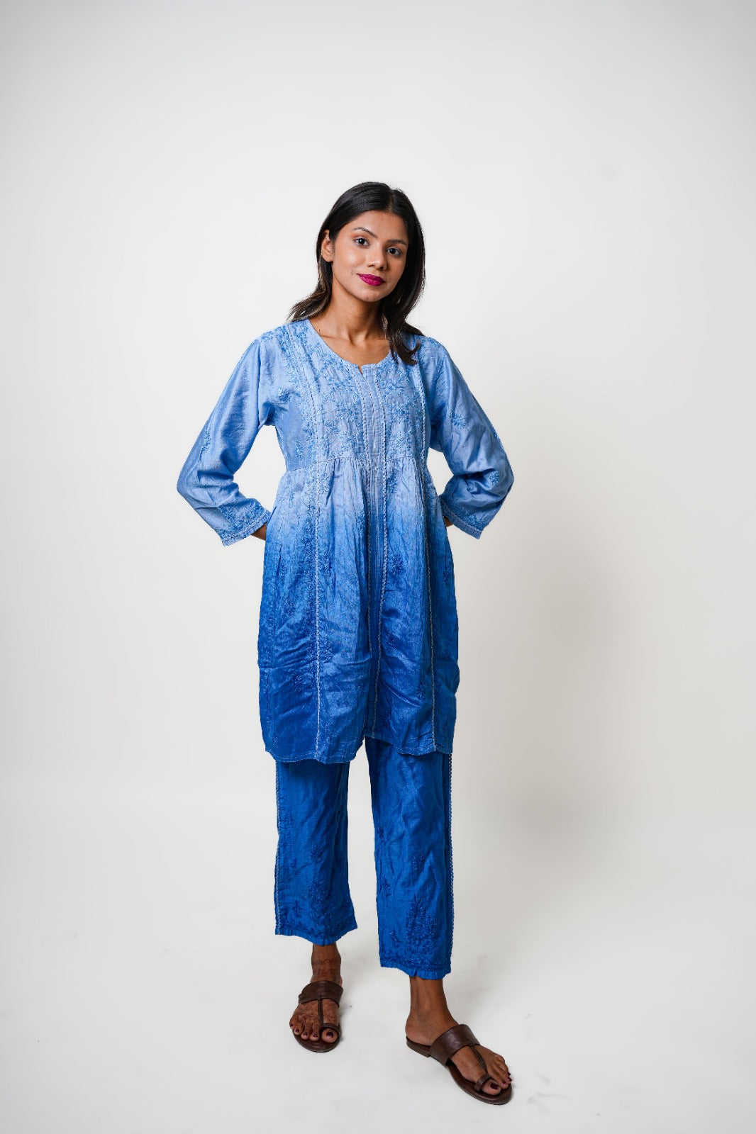 Chikankari hand embroidered | Co-ord set | Chanderi | Blue