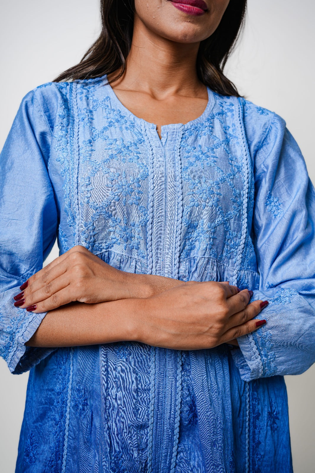 Chikankari hand embroidered | Co-ord set | Chanderi | Blue