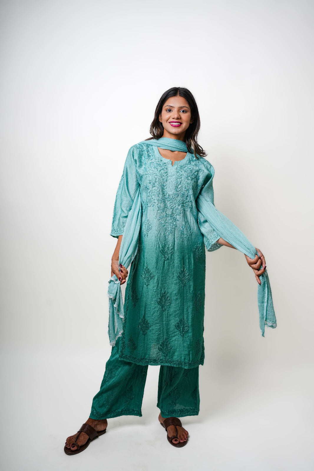 Chikankari hand embroidered | Suit Set| Chanderi | Teal Green