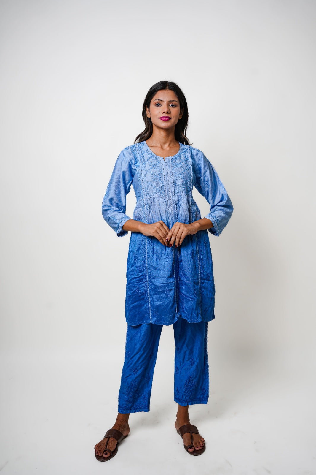Chikankari hand embroidered | Co-ord set | Chanderi | Blue