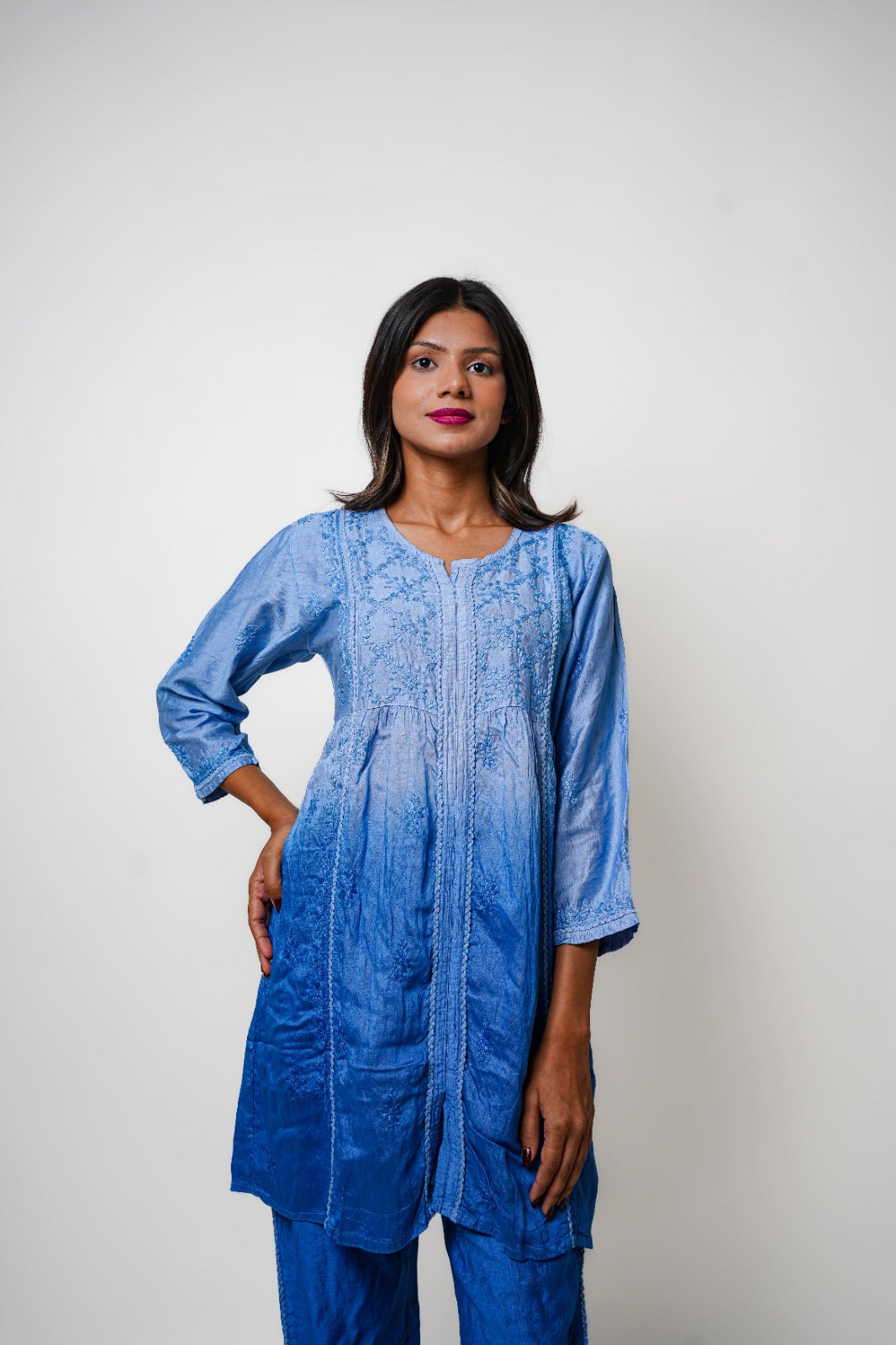 Chikankari hand embroidered | Co-ord set | Chanderi | Blue