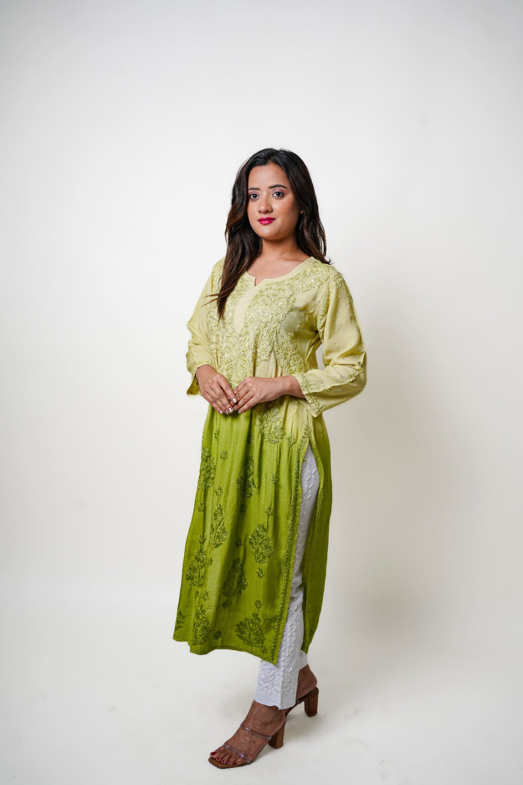 Chikankari hand embroidered | Long Kurta | Muslin Cotton | Olive