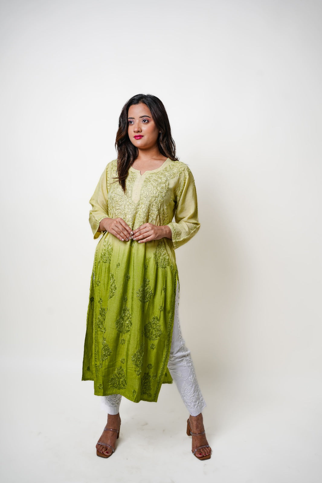 Chikankari hand embroidered | Long Kurta | Muslin Cotton | Olive
