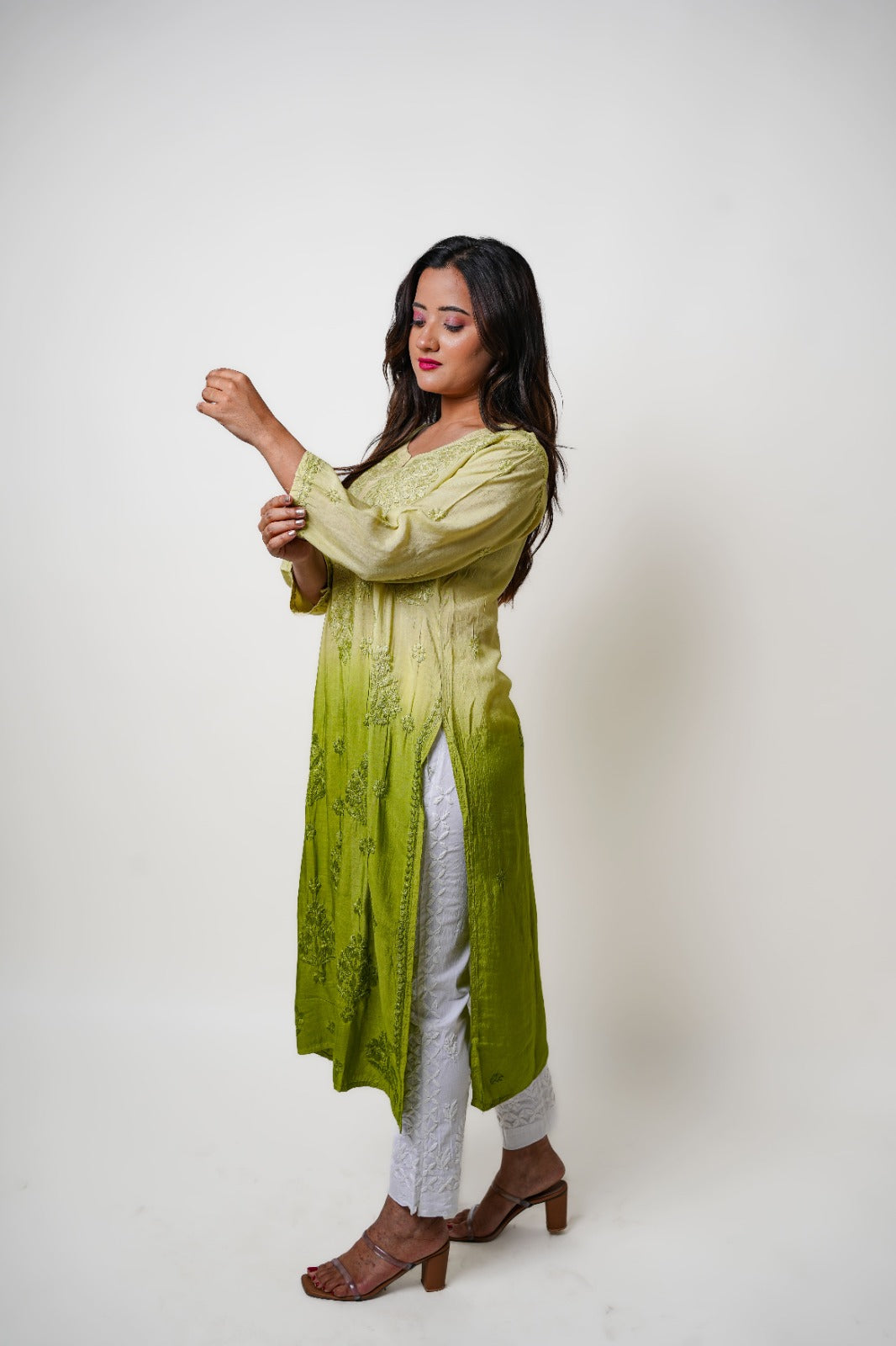 Chikankari hand embroidered | Long Kurta | Muslin Cotton | Olive