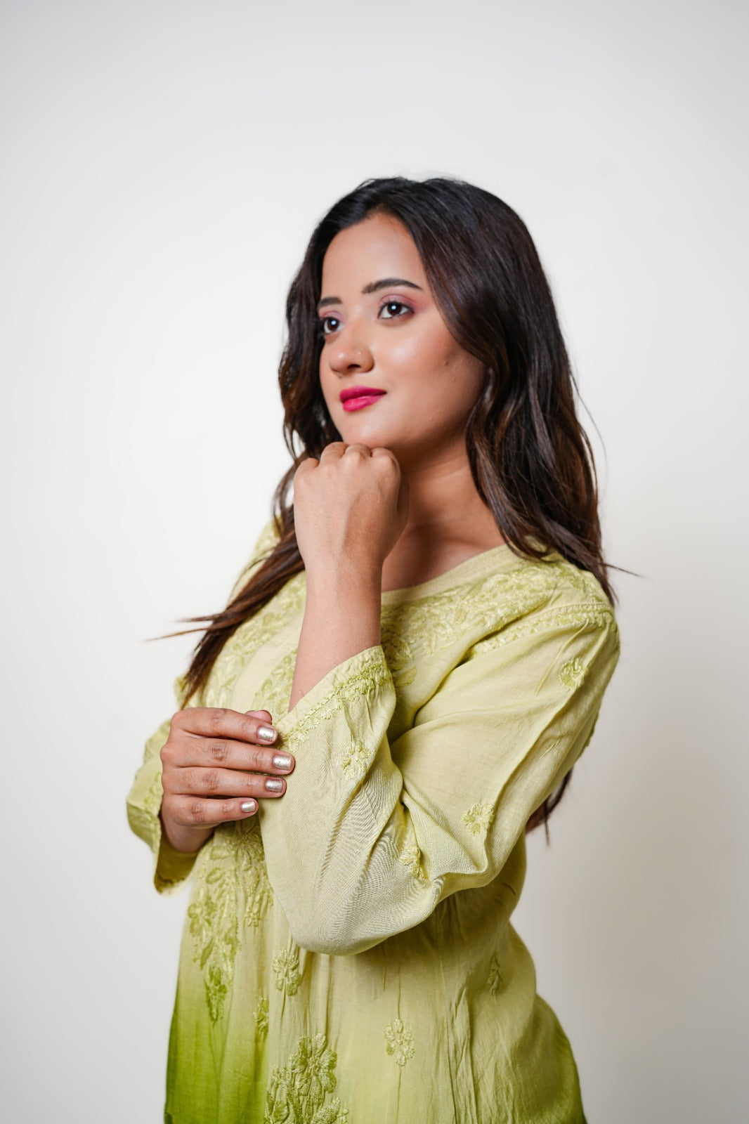 Chikankari hand embroidered | Long Kurta | Muslin Cotton | Olive