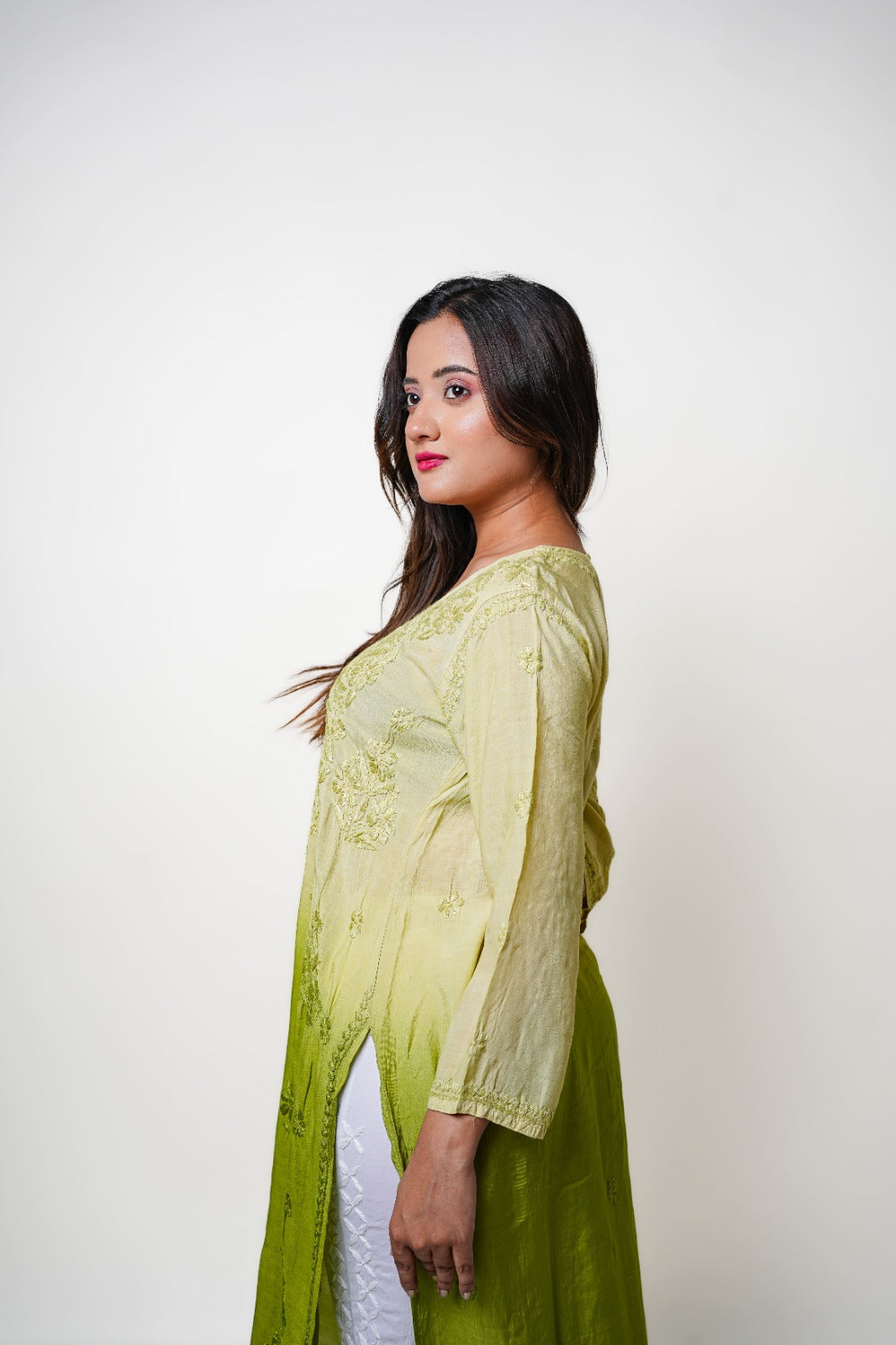 Chikankari hand embroidered | Long Kurta | Muslin Cotton | Olive