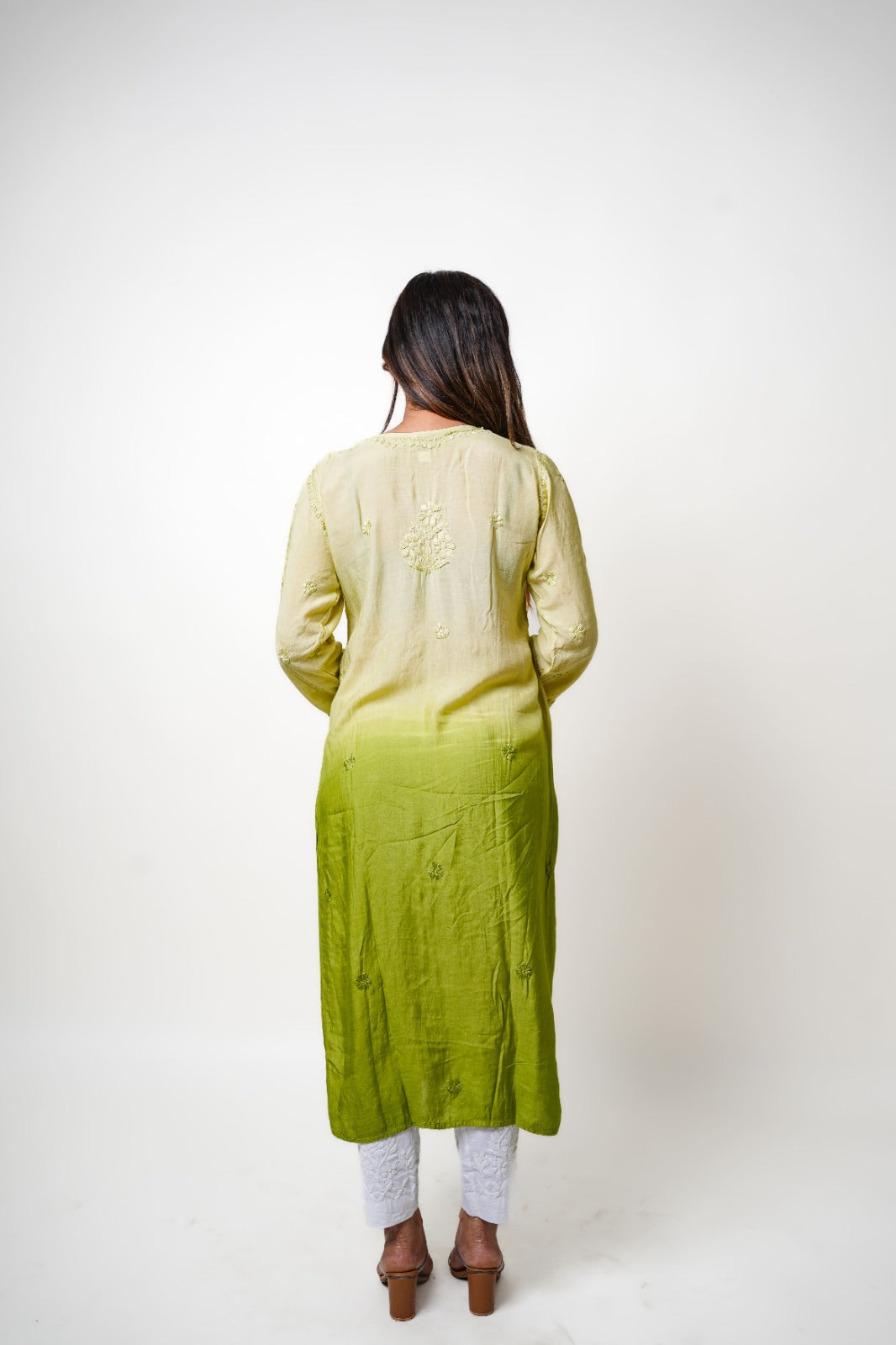 Chikankari hand embroidered | Long Kurta | Muslin Cotton | Olive