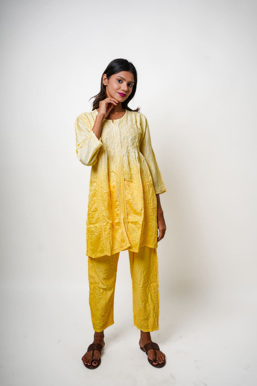 Chikankari hand embroidered | Co-ord set | Chanderi | Yellow
