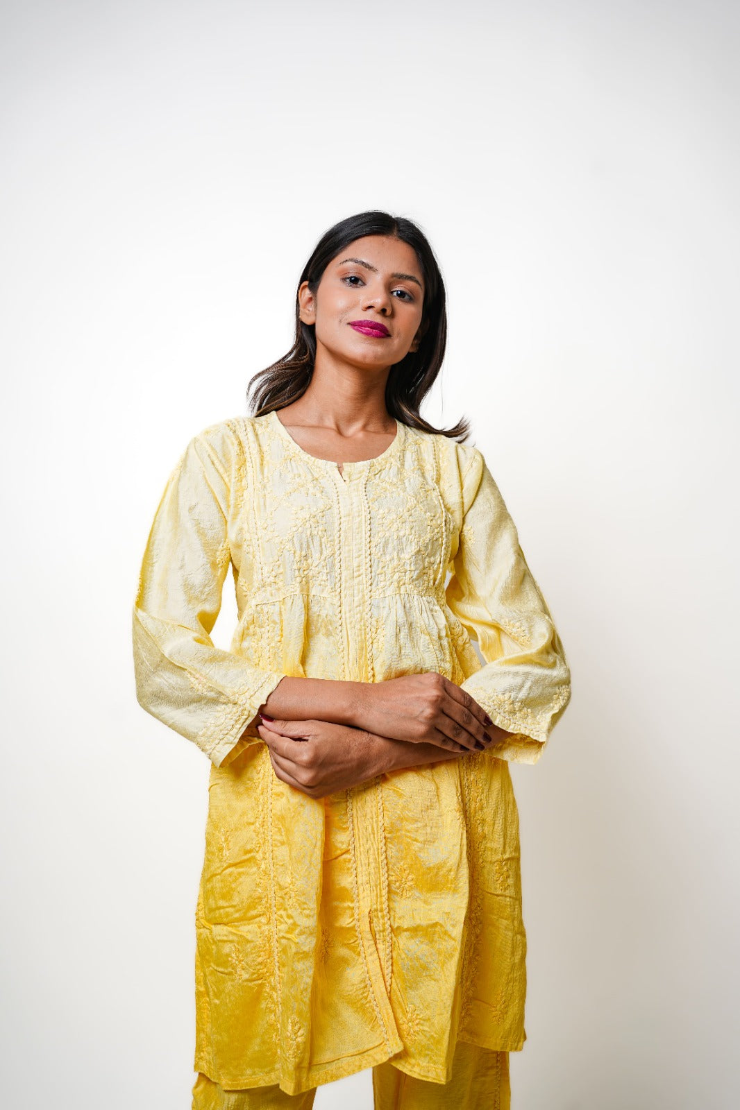 Chikankari hand embroidered | Co-ord set | Chanderi | Yellow
