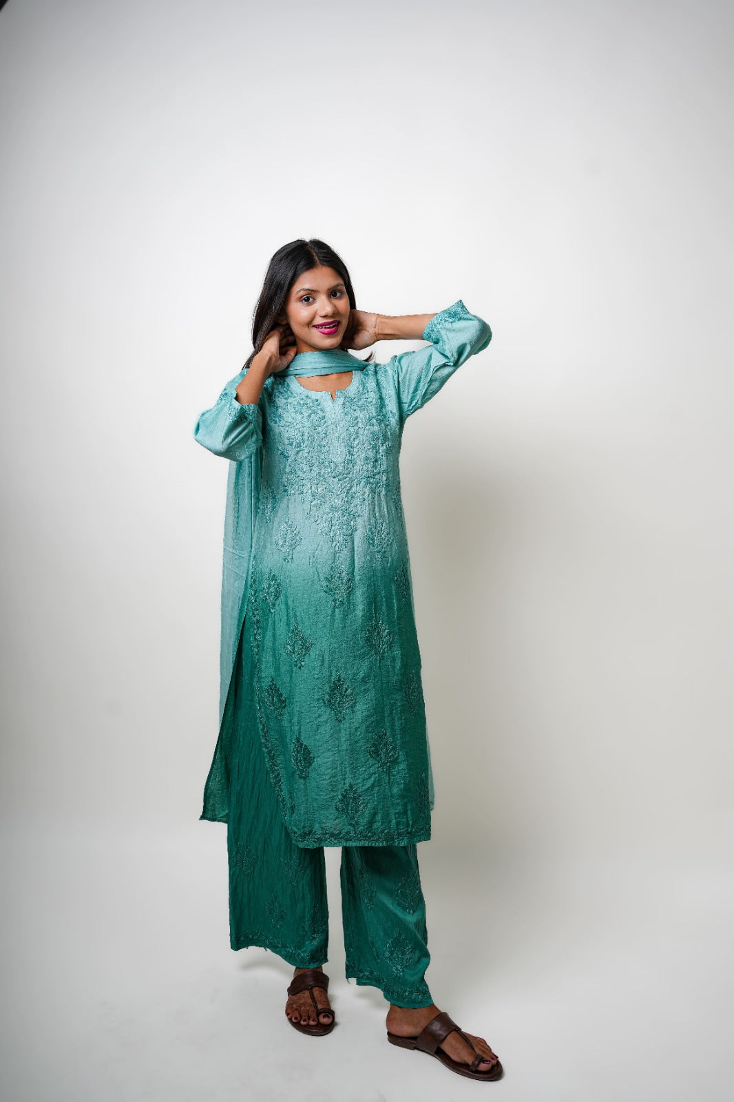 Chikankari hand embroidered | Suit Set| Chanderi | Teal Green
