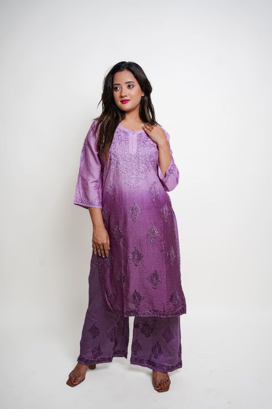 Chikankari hand embroidered | Suit Set| Chanderi | Lavander