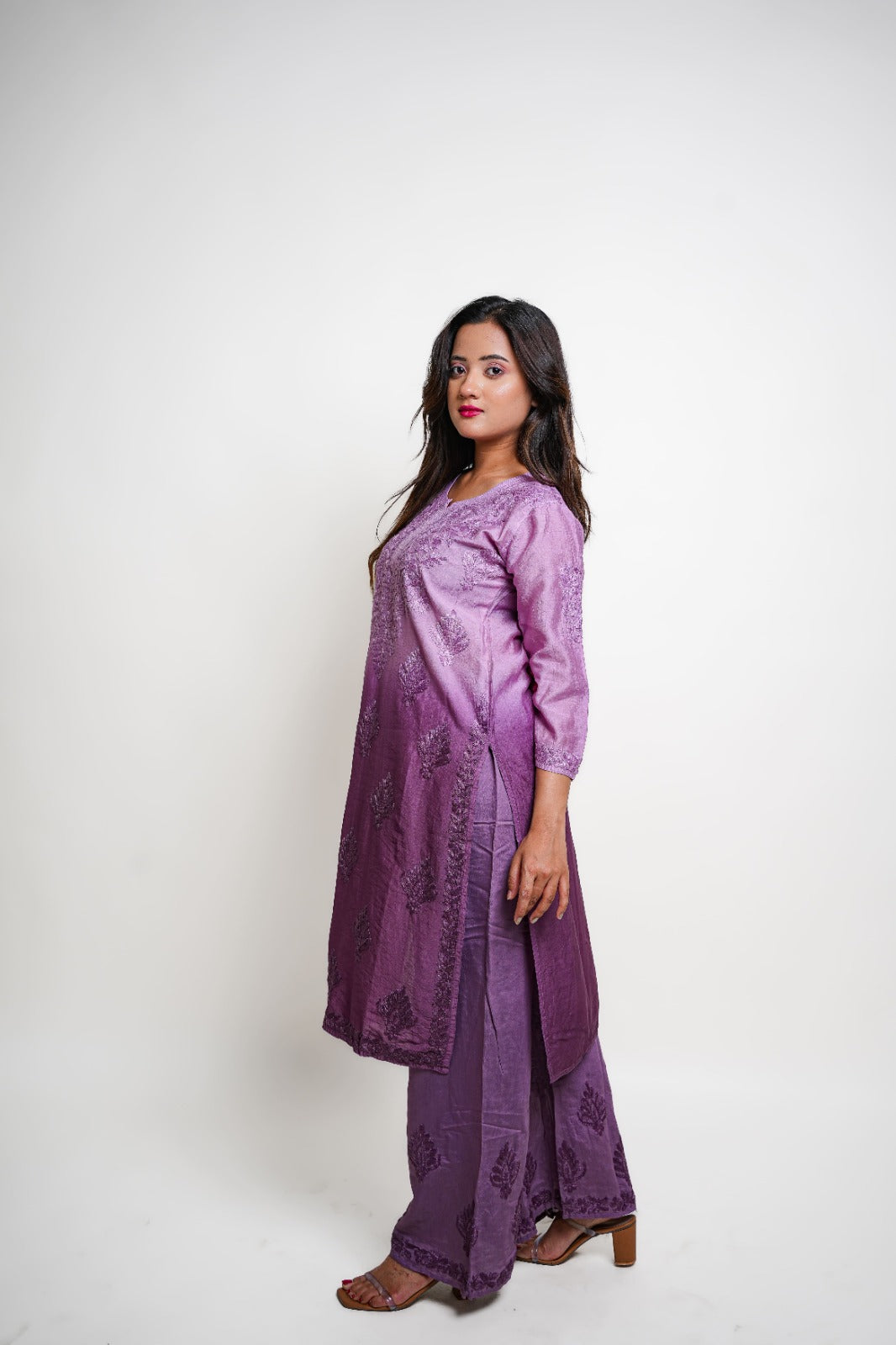 Chikankari hand embroidered | Suit Set| Chanderi | Lavander