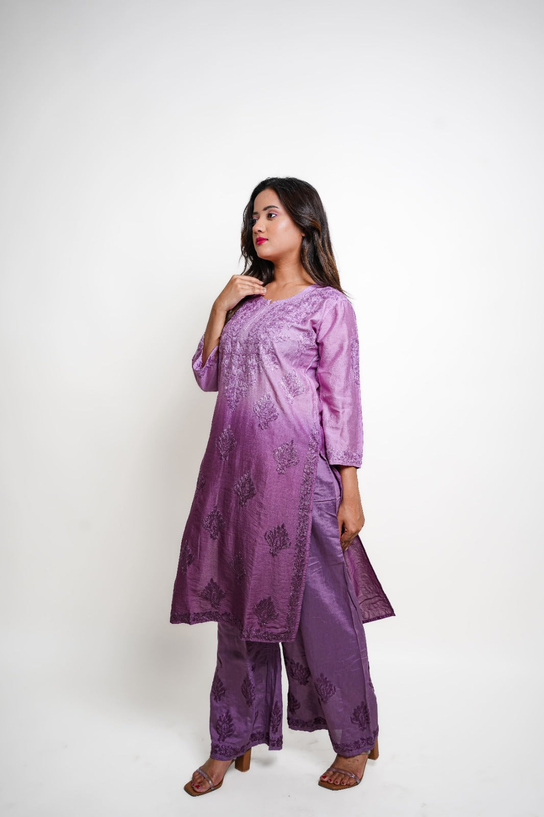 Chikankari hand embroidered | Suit Set| Chanderi | Lavander