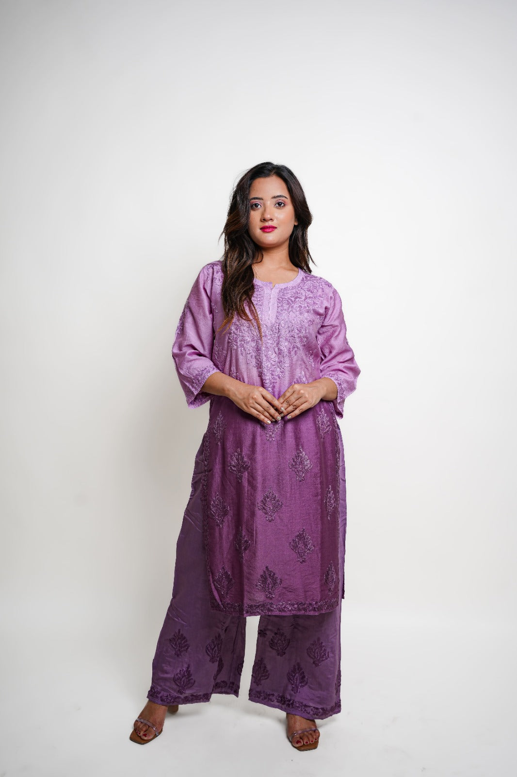 Chikankari hand embroidered | Suit Set| Chanderi | Lavander
