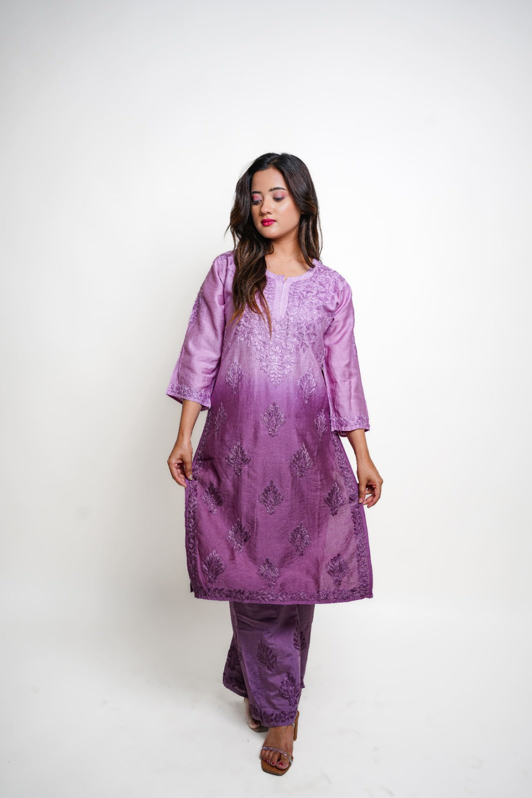 Chikankari hand embroidered | Suit Set| Chanderi | Lavander