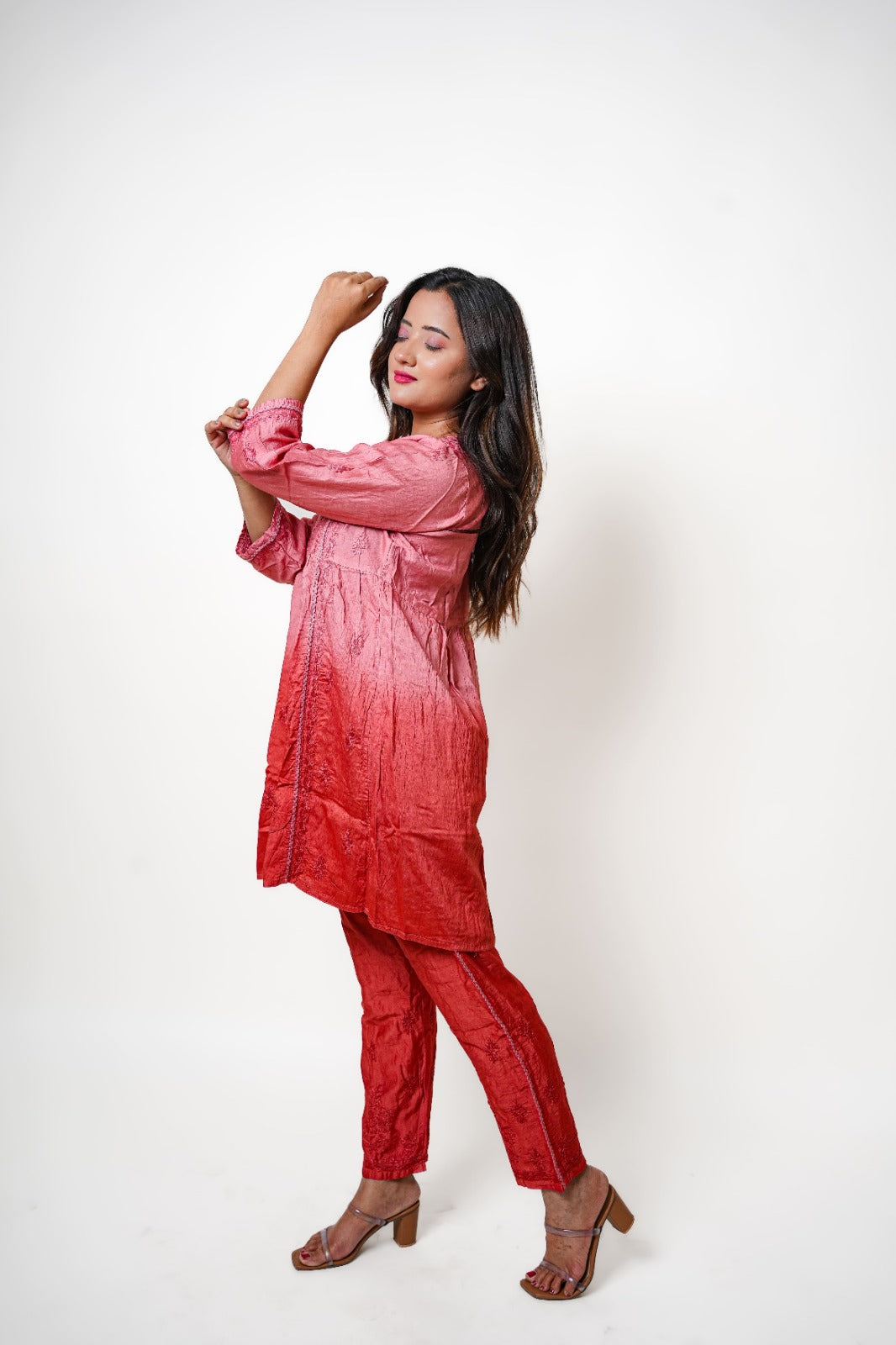 Chikankari hand embroidered | Co-ord set | Chanderi | Peach
