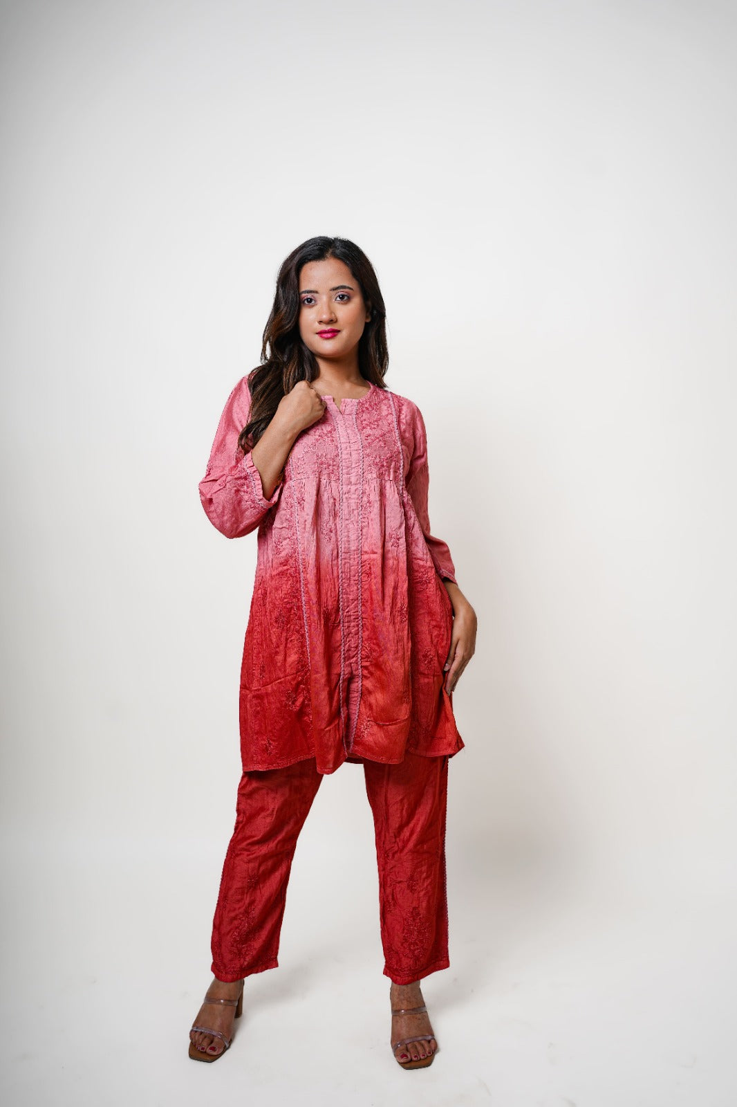 Chikankari hand embroidered | Co-ord set | Chanderi | Peach