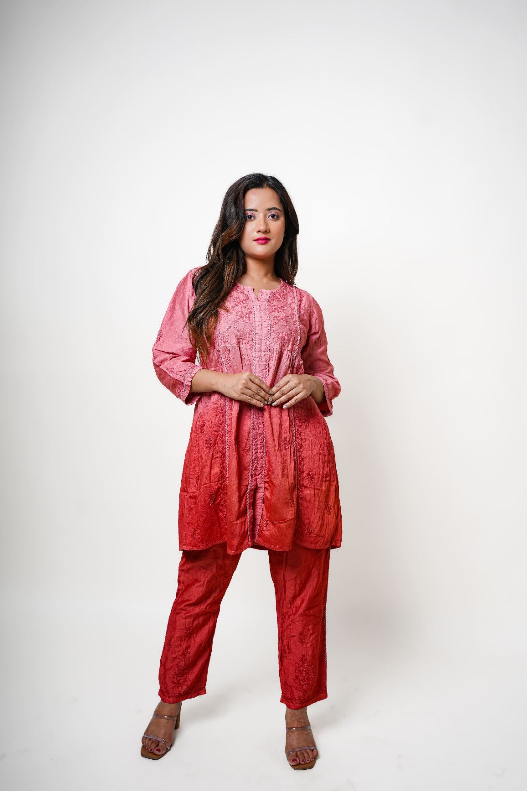 Chikankari hand embroidered | Co-ord set | Chanderi | Peach