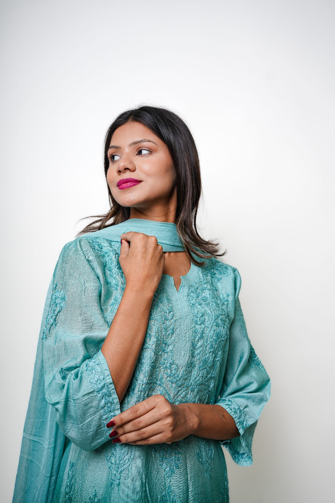 Chikankari hand embroidered | Suit Set| Chanderi | Teal Green