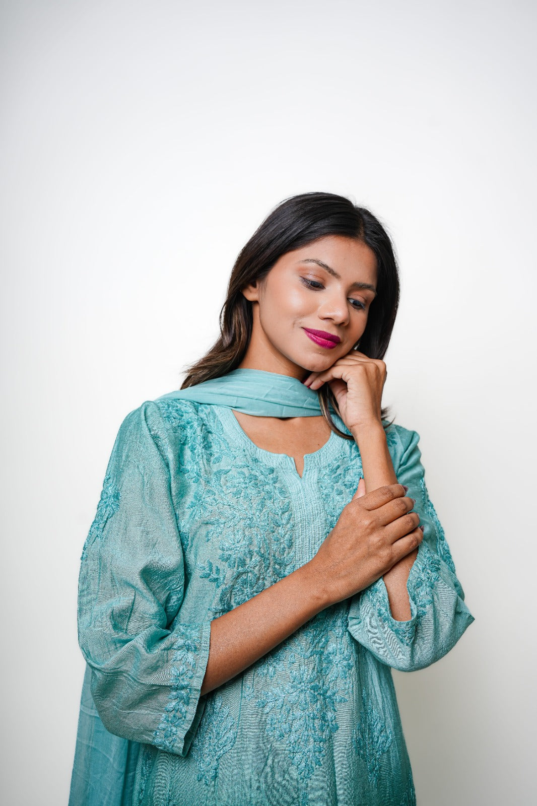 Chikankari hand embroidered | Suit Set| Chanderi | Teal Green