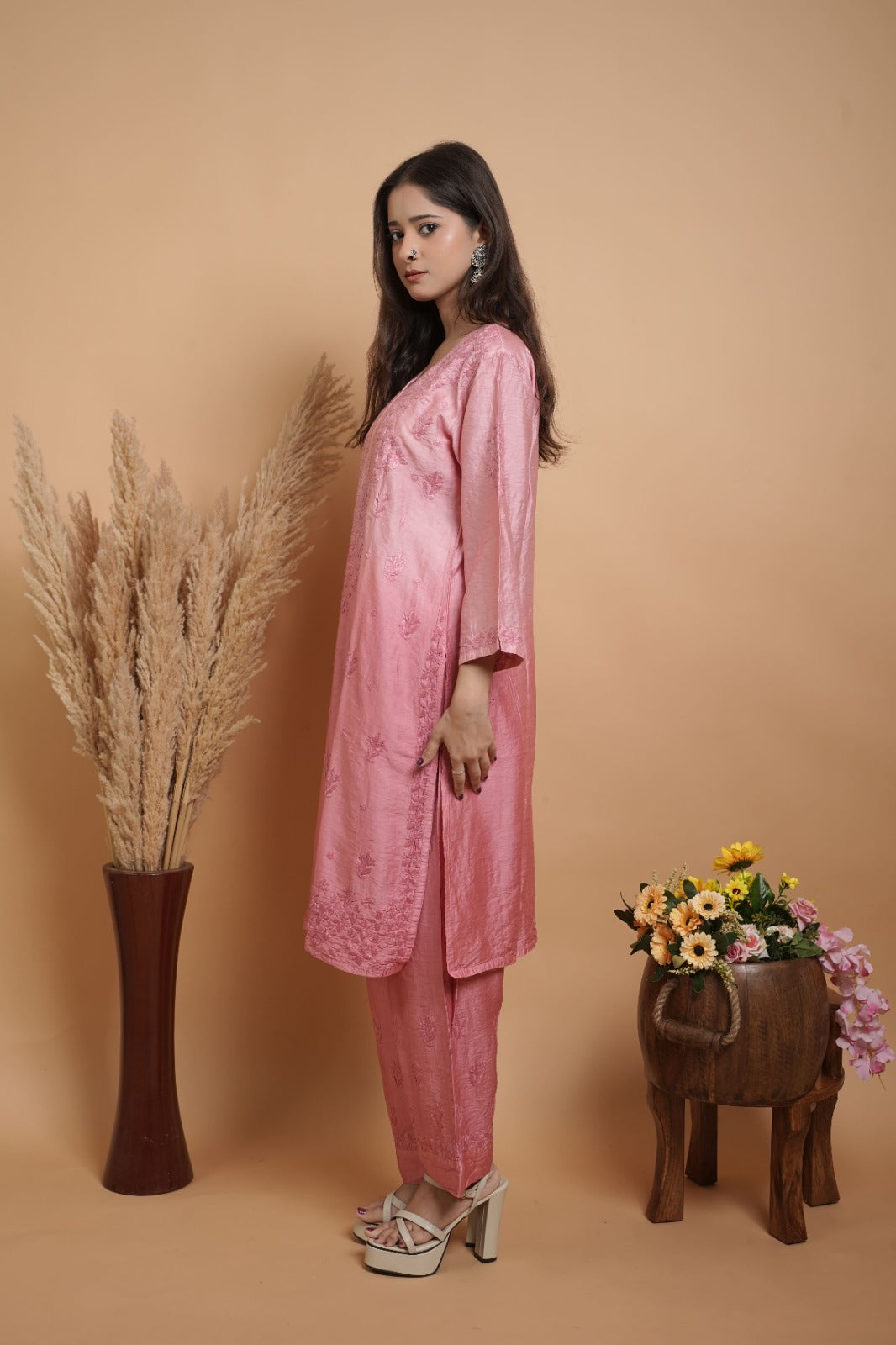 Pink Chikankari Kurta set | Chanderi Silk | Rose Pink