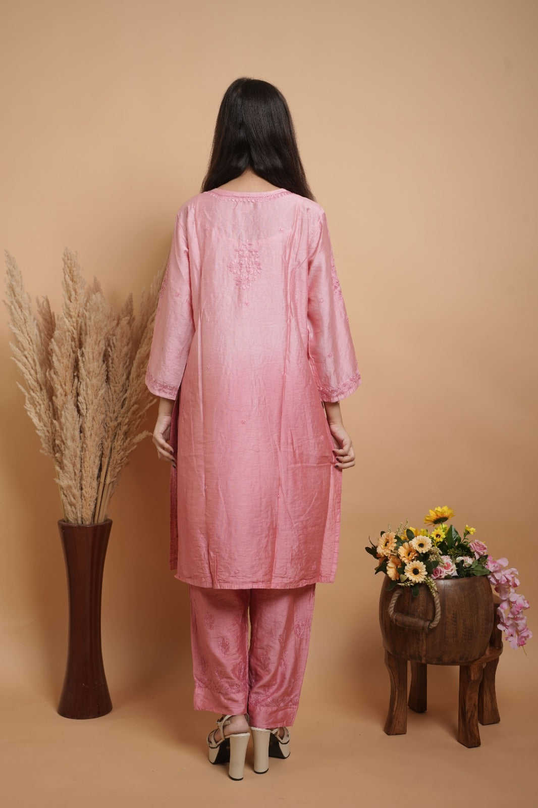 Pink Chikankari Kurta set | Chanderi Silk | Rose Pink