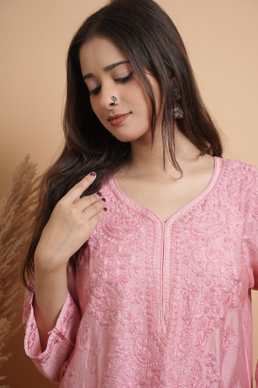 Pink Chikankari Kurta set | Chanderi Silk | Rose Pink