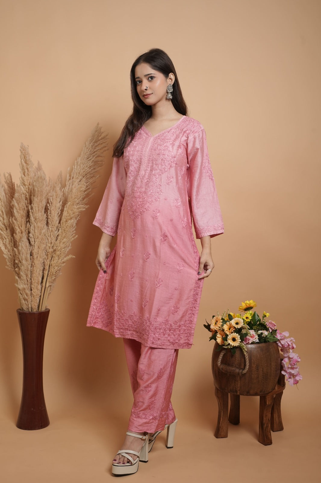 Pink Chikankari Kurta set | Chanderi Silk | Rose Pink