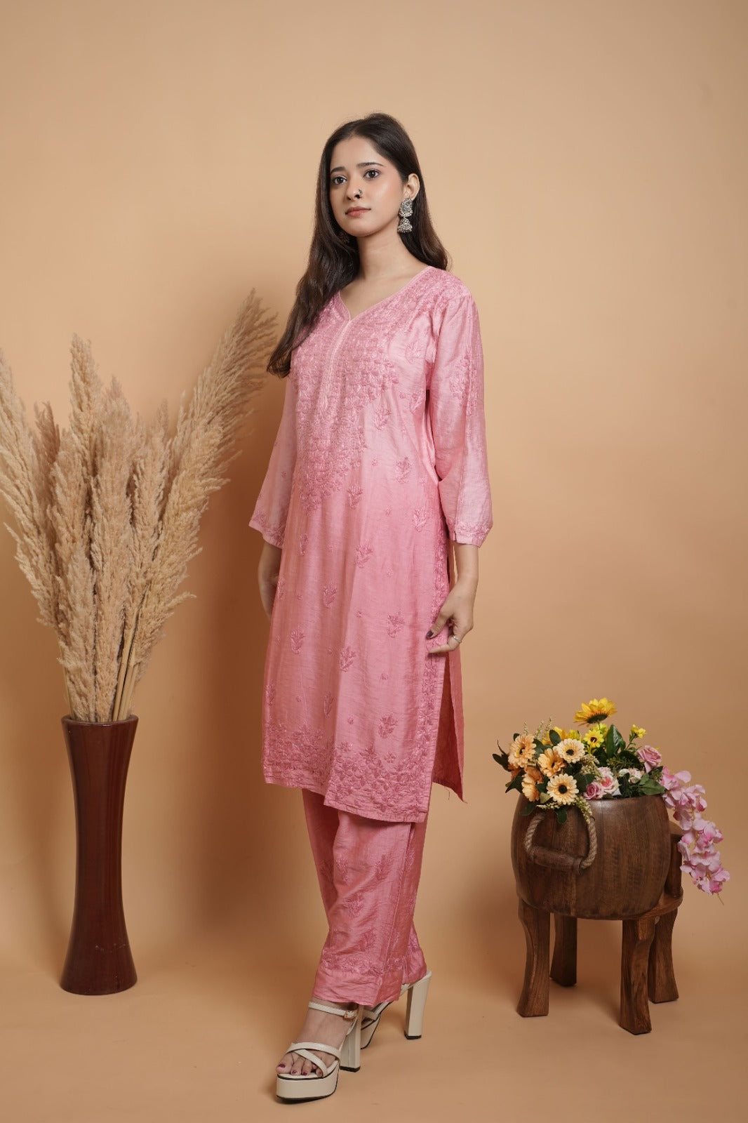 Pink Chikankari Kurta set | Chanderi Silk | Rose Pink