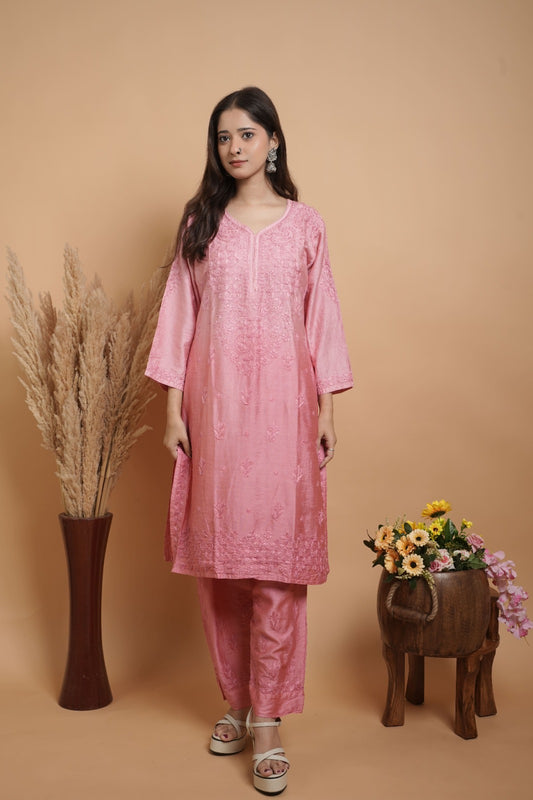 Pink Chikankari Kurta set | Chanderi Silk | Rose Pink