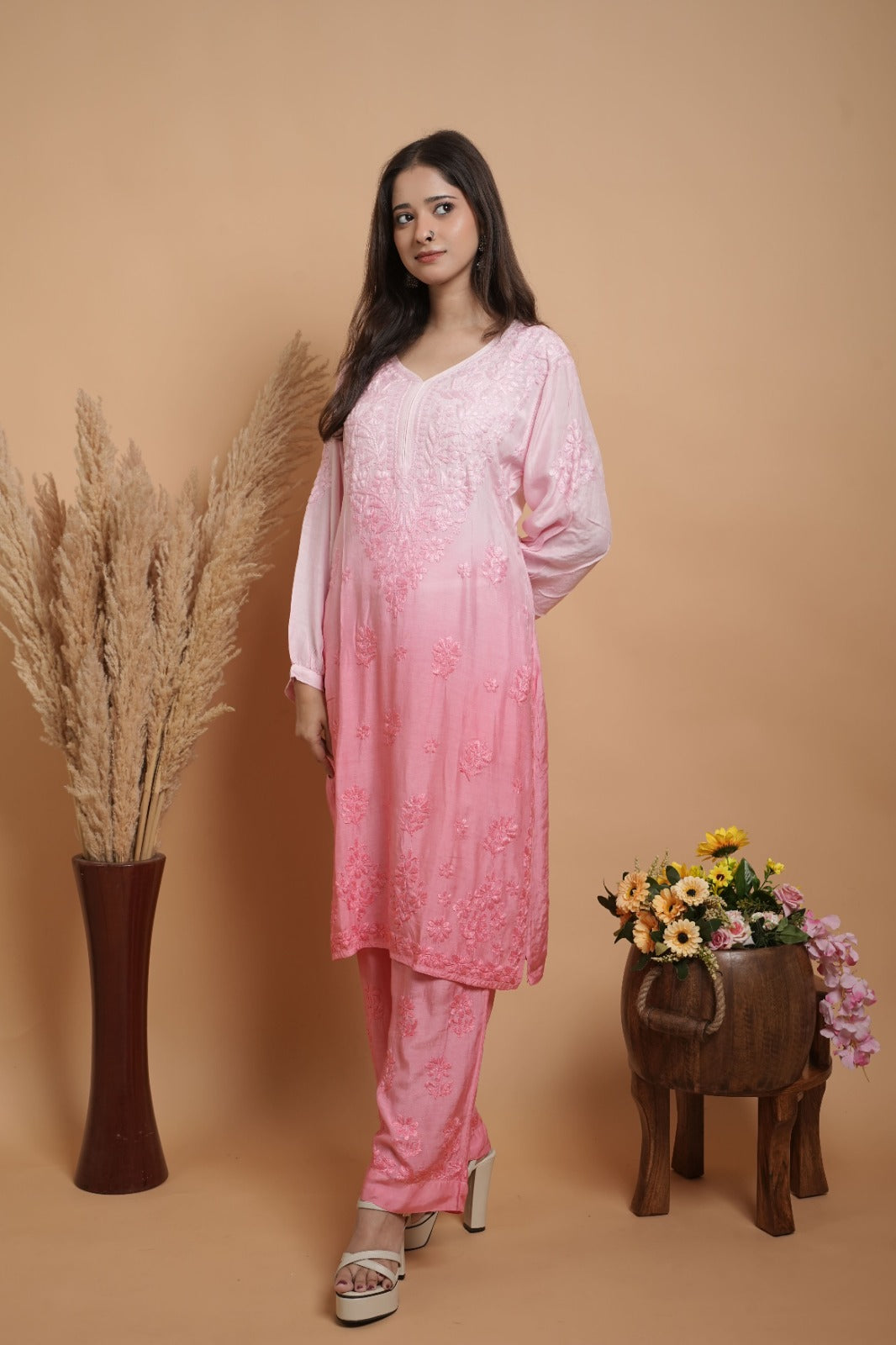 Chikankari Kurta set | Muslin | Ombre Pink