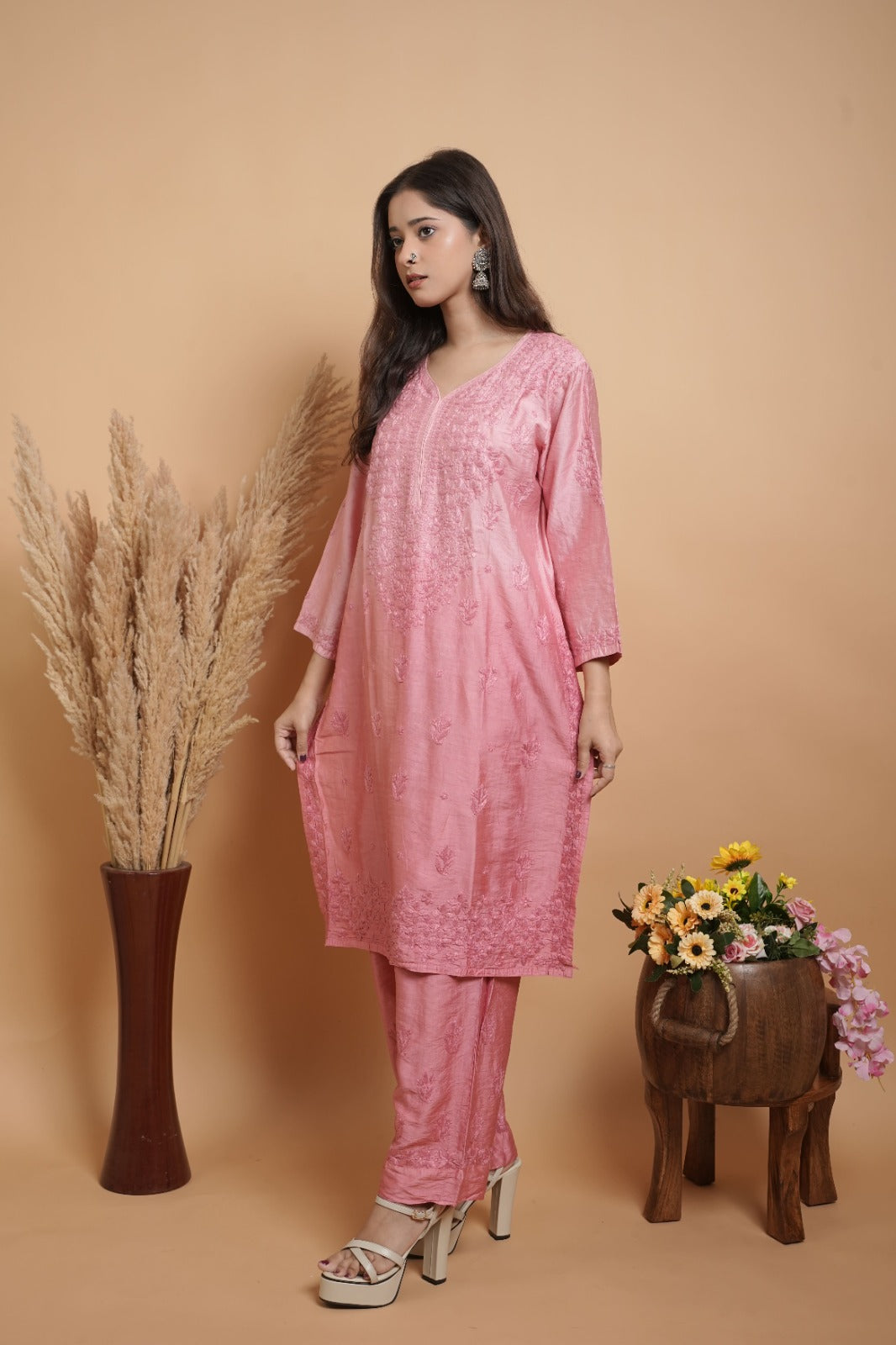Pink Chikankari Kurta set | Chanderi Silk | Rose Pink