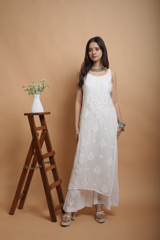 Chikankari Noodle Strap Kurta  | Georgette | White