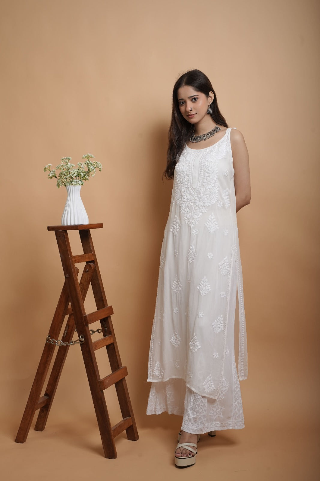 Chikankari Noodle Strap Kurta  | Georgette | White