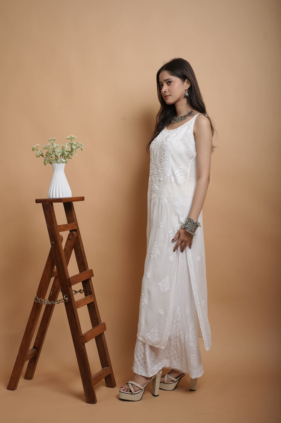 Chikankari Noodle Strap Kurta  | Georgette | White