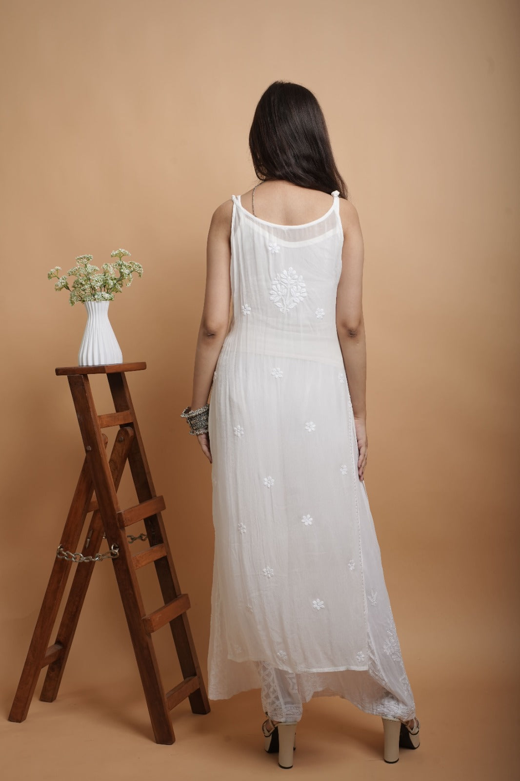 Chikankari Noodle Strap Kurta  | Georgette | White