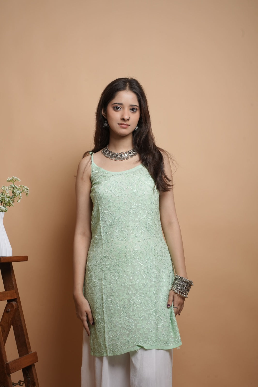 Chikankari Short Noodle Strap Kurta | Georgette | Pastel Green