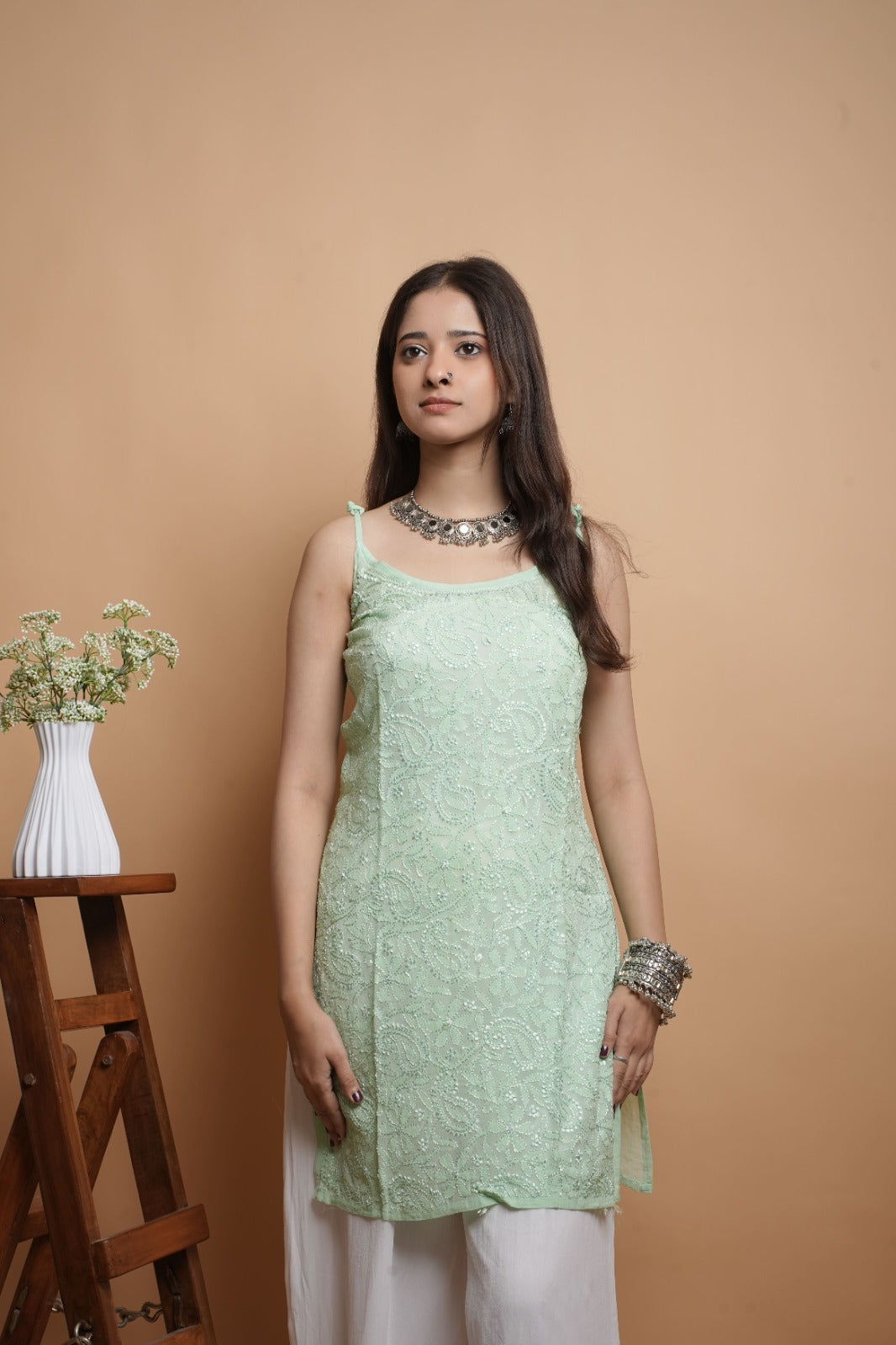Chikankari Short Noodle Strap Kurta | Georgette | Pastel Green