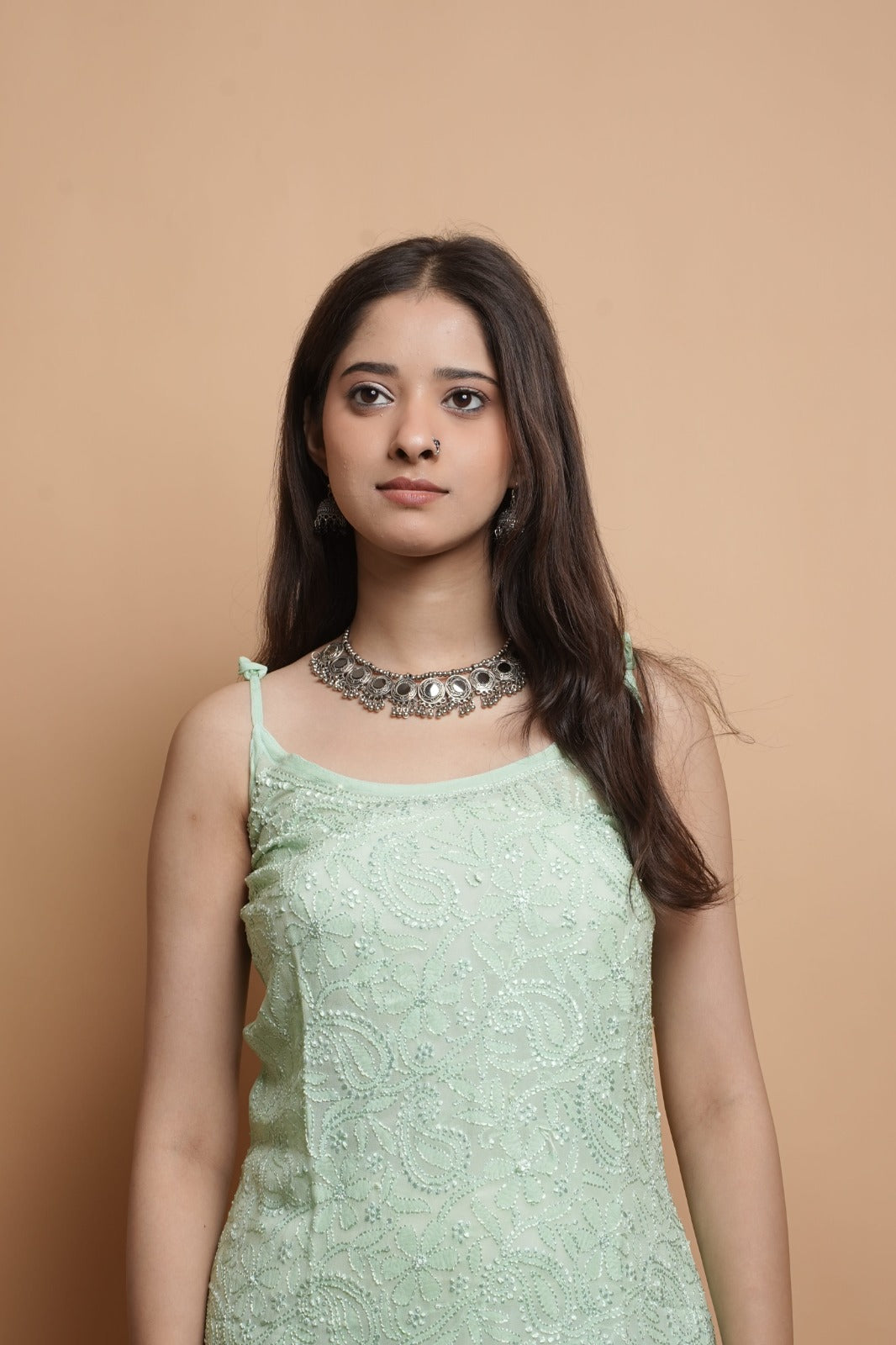 Chikankari Short Noodle Strap Kurta | Georgette | Pastel Green