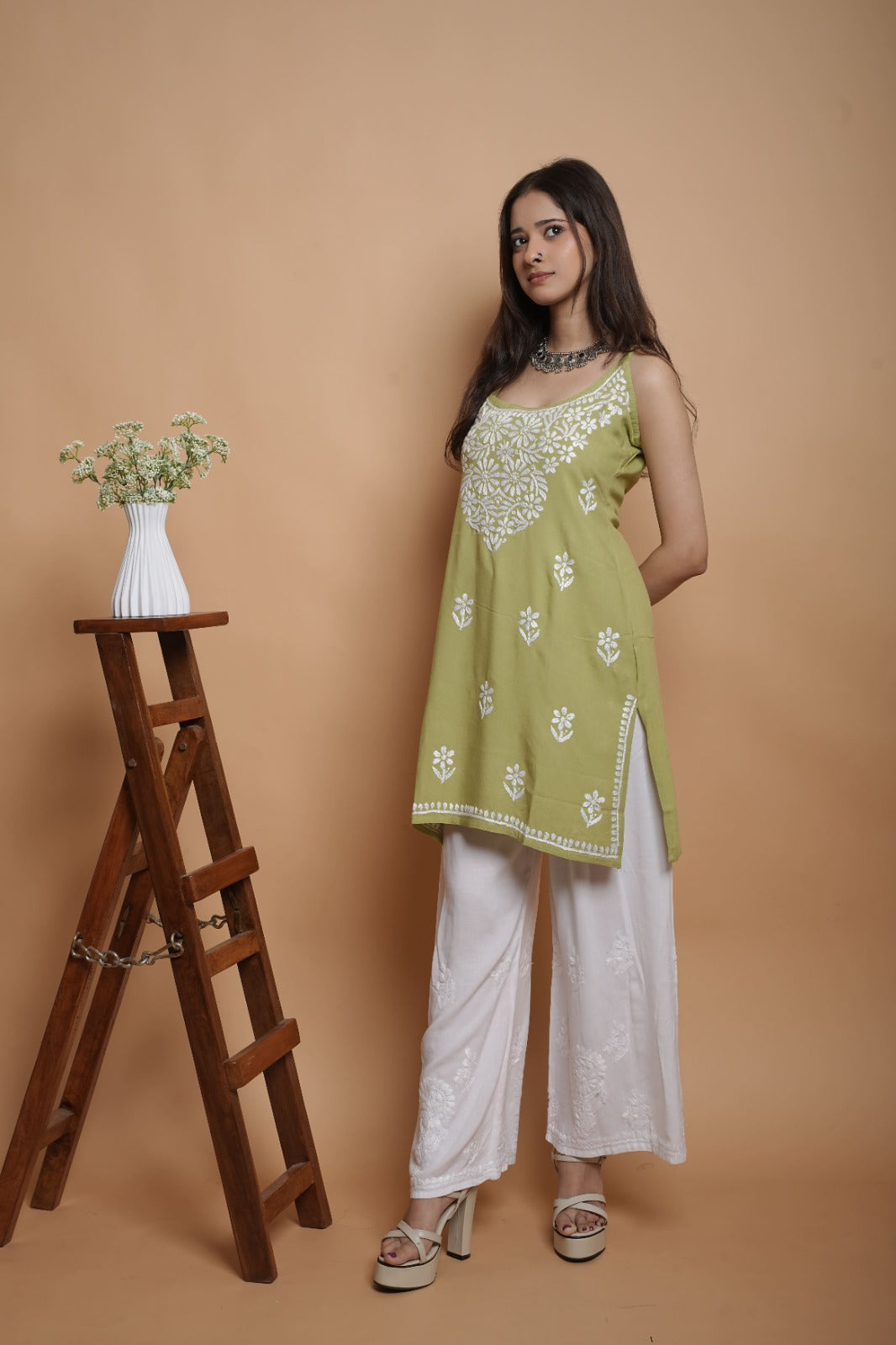 Chikankari Short Noodle Strap Kurta | Cotton Blend | Olive Green