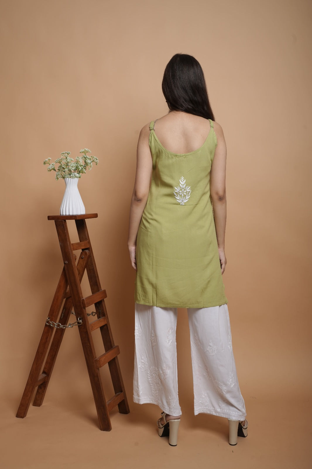 Chikankari Short Noodle Strap Kurta | Cotton Blend | Olive Green