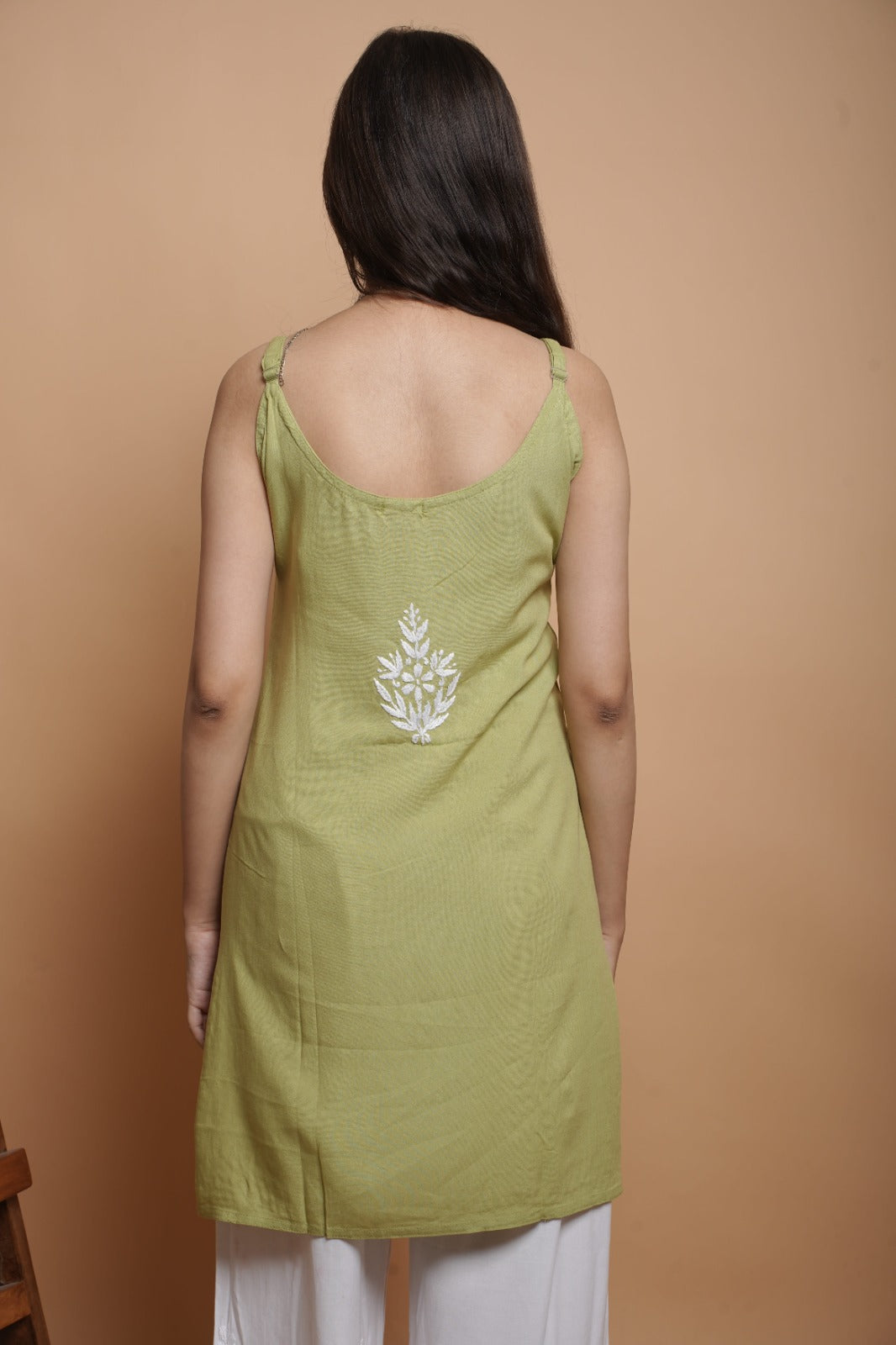 Chikankari Short Noodle Strap Kurta | Cotton Blend | Olive Green