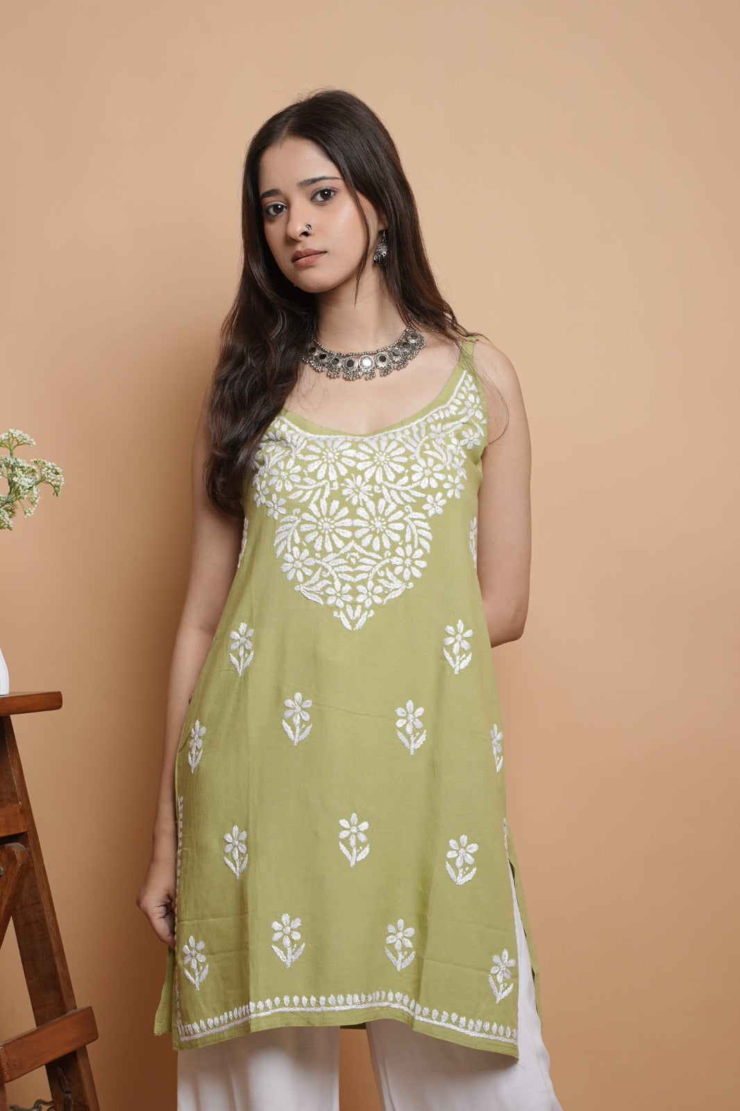 Chikankari Short Noodle Strap Kurta | Cotton Blend | Olive Green