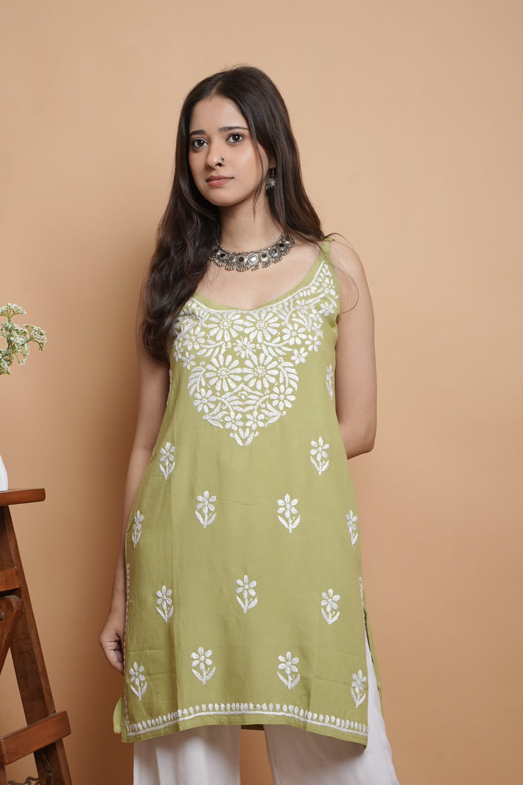 Chikankari Short Noodle Strap Kurta | Cotton Blend | Olive Green
