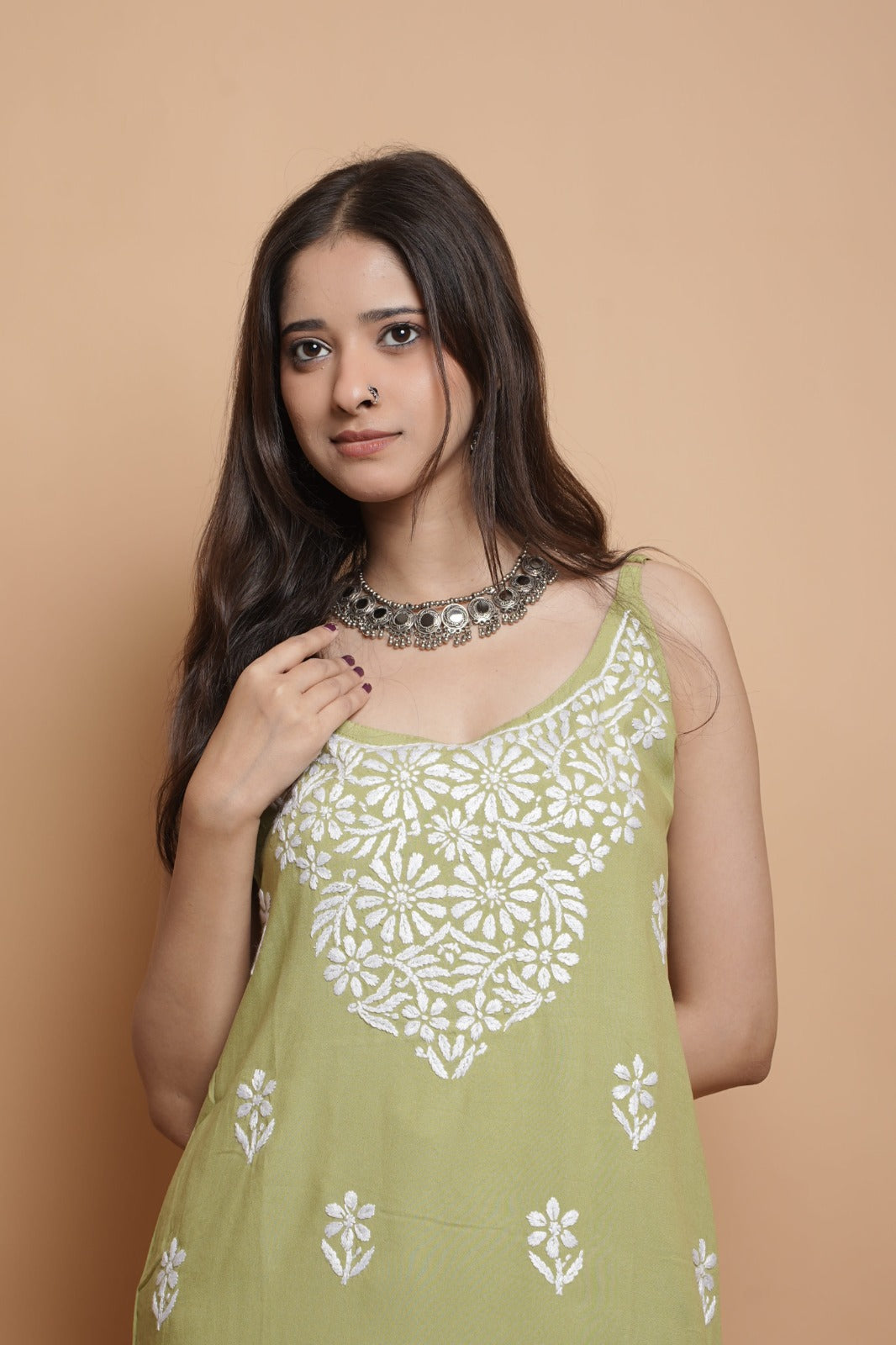Chikankari Short Noodle Strap Kurta | Cotton Blend | Olive Green