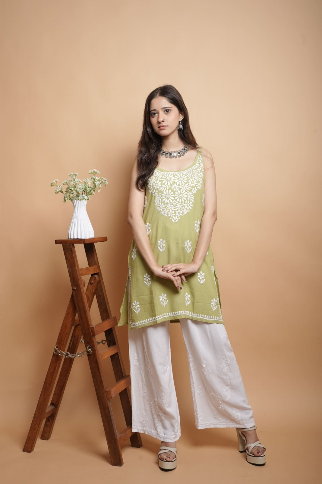Chikankari Short Noodle Strap Kurta | Cotton Blend | Olive Green